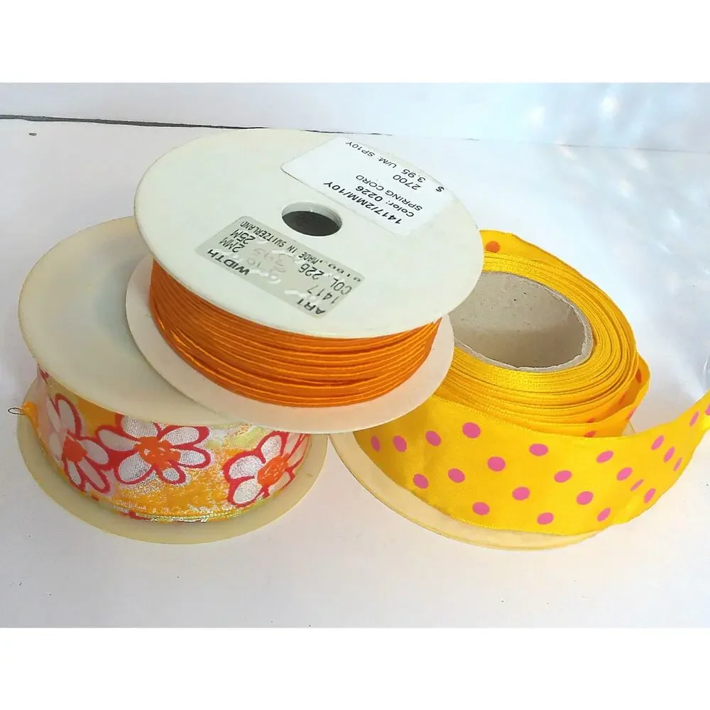 Vintage Orange Psychedelic Daisy Floral Polka Dot Cord Ribbon Rolls Set of 3